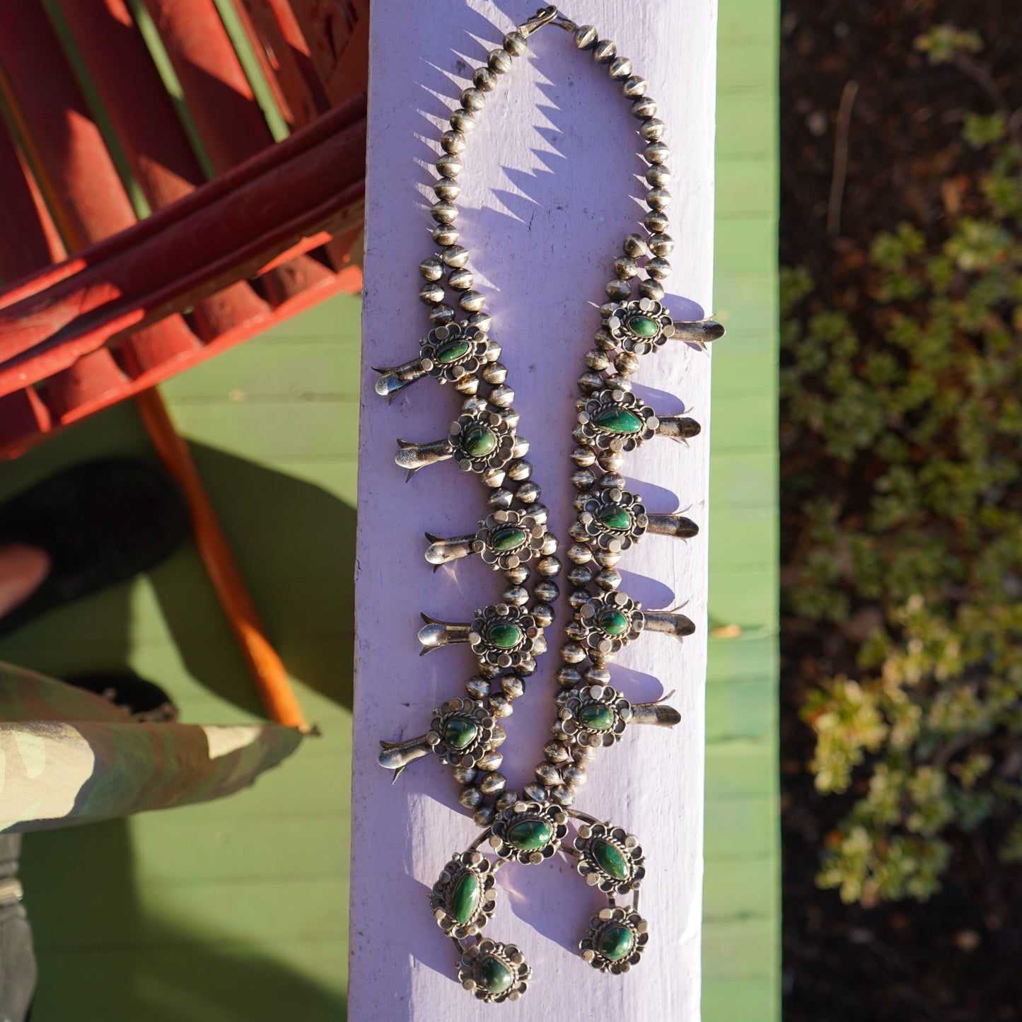 Vintage Navajo Squash Blossom Necklace Green Turquoise Sterling Silver