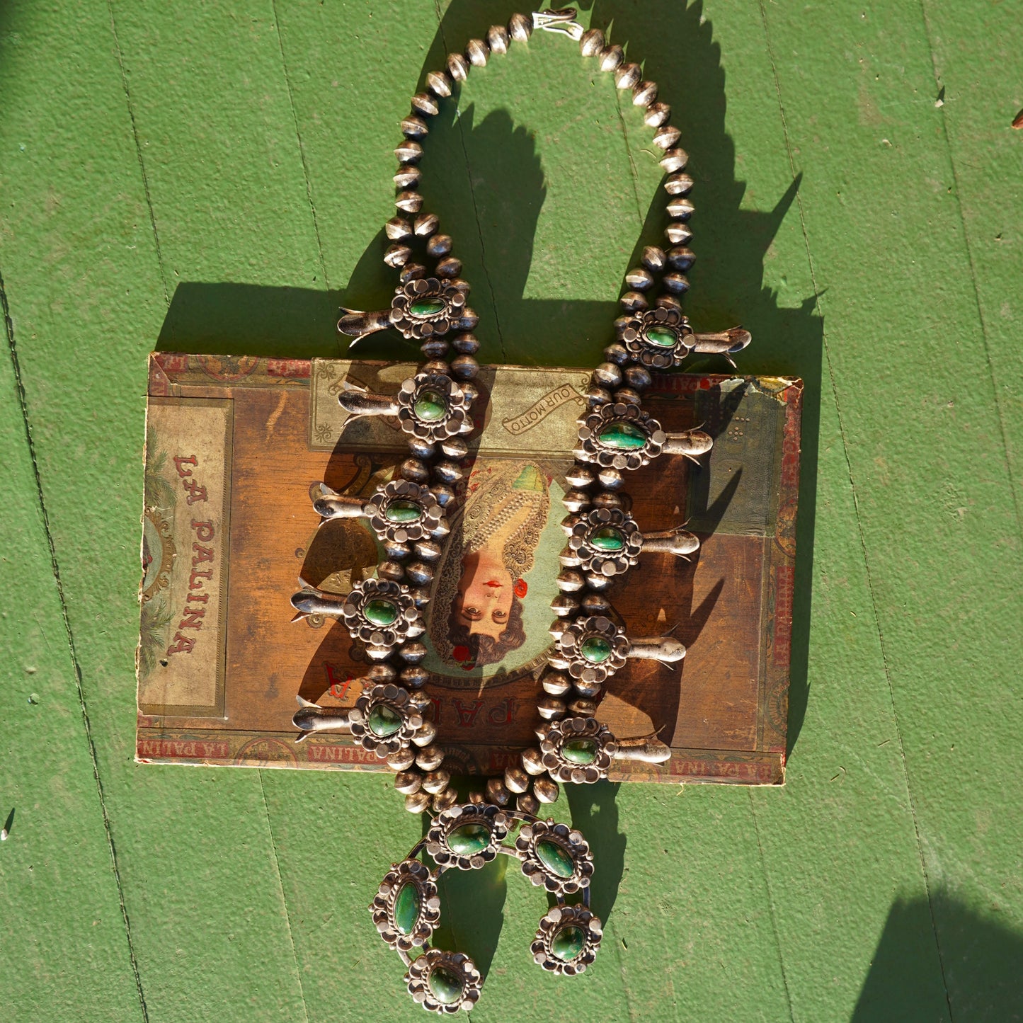 Vintage Navajo Squash Blossom Necklace Green Turquoise Sterling Silver