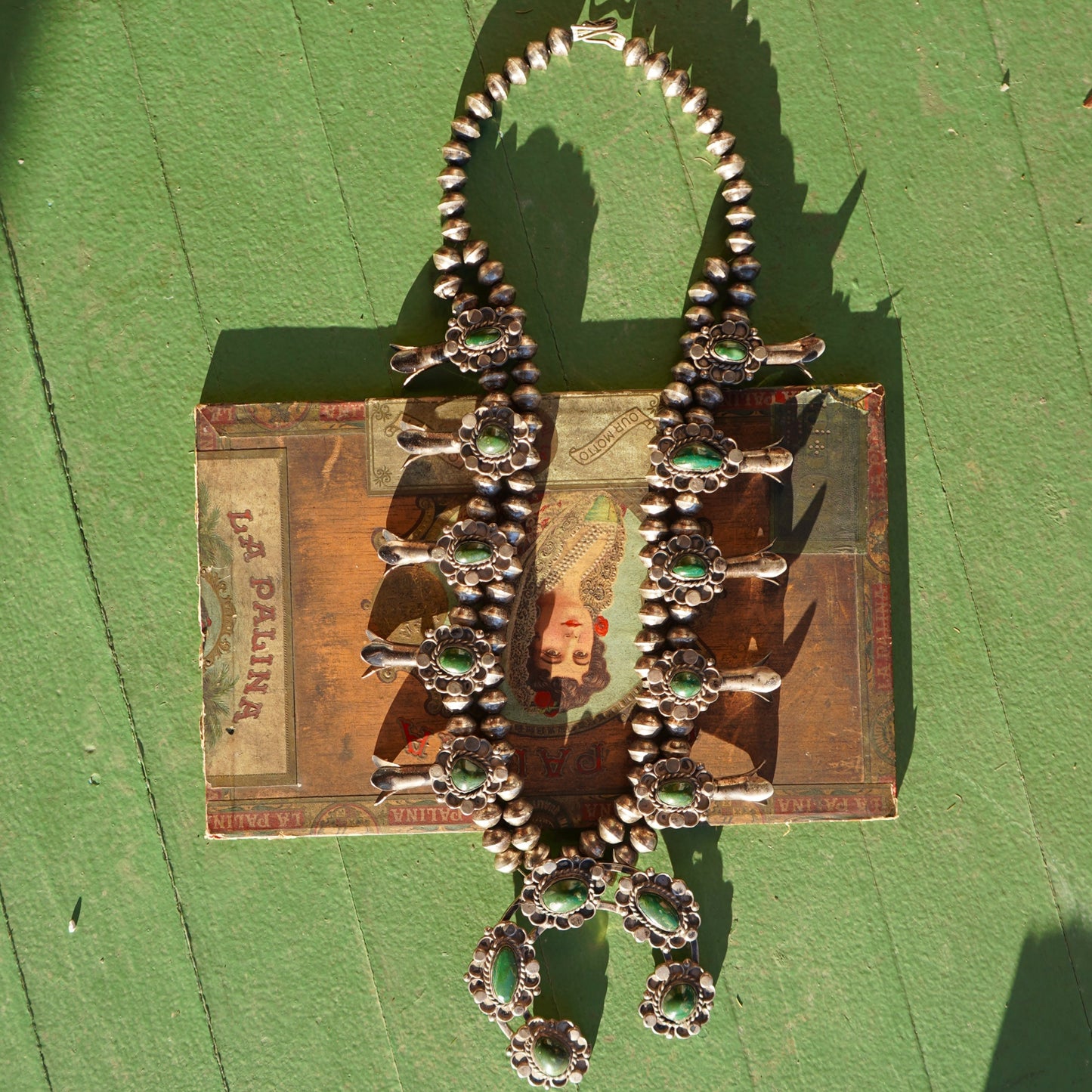 Vintage Navajo Squash Blossom Necklace Green Turquoise Sterling Silver