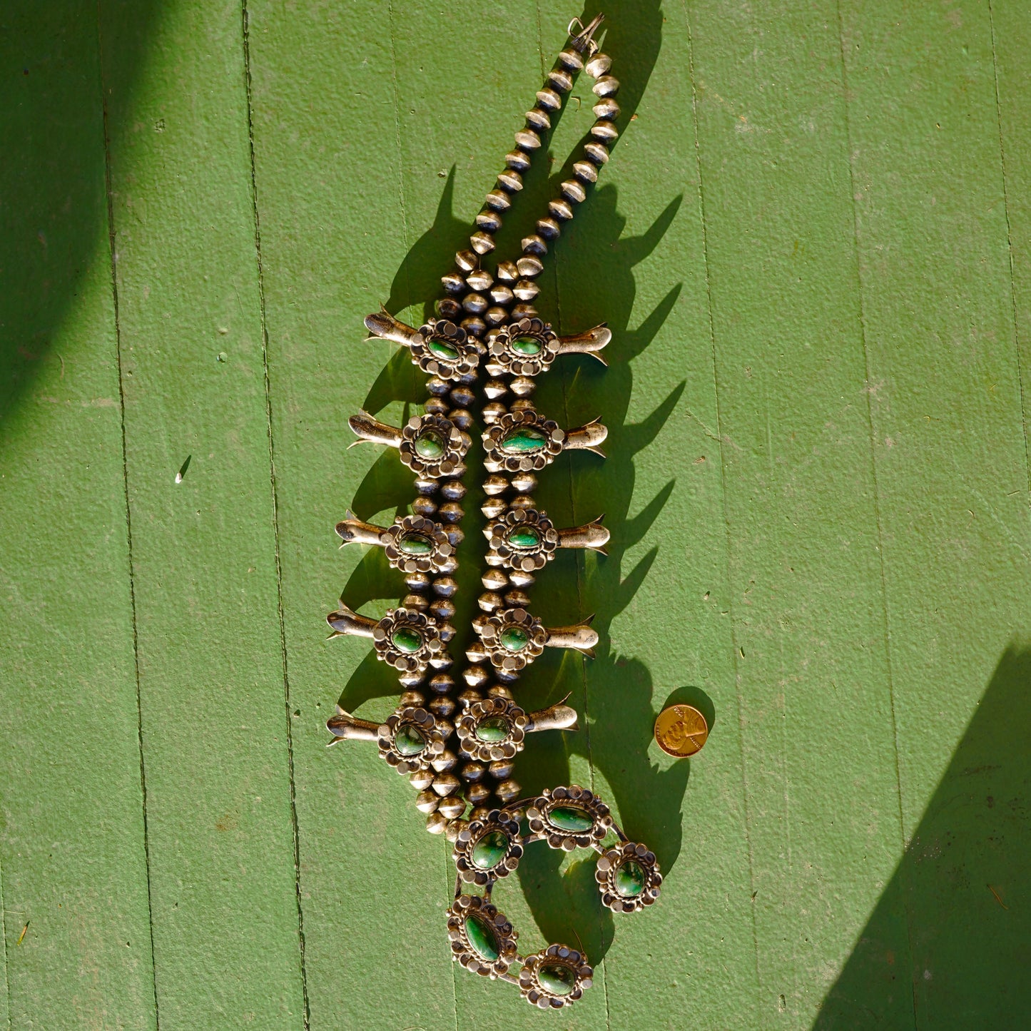 Vintage Navajo Squash Blossom Necklace Green Turquoise Sterling Silver