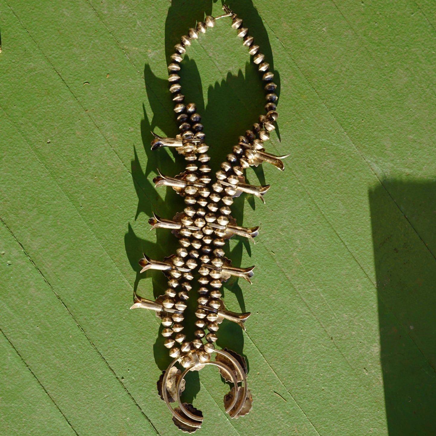 Vintage Navajo Squash Blossom Necklace Green Turquoise Sterling Silver