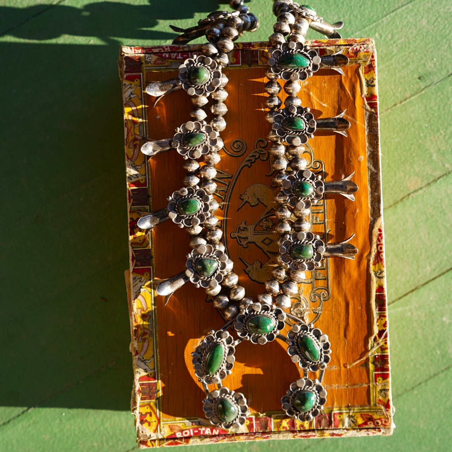 Vintage Navajo Squash Blossom Necklace Green Turquoise Sterling Silver