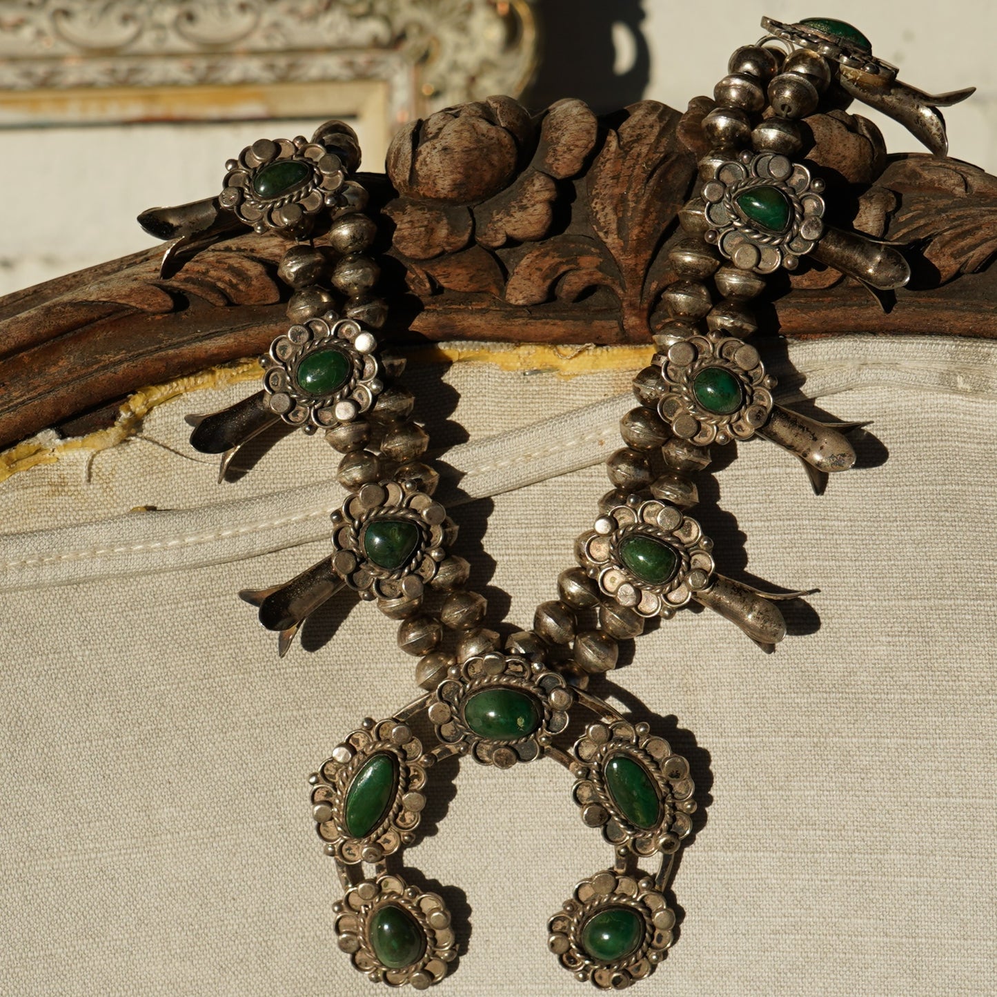 Vintage Navajo Squash Blossom Necklace Green Turquoise Sterling Silver