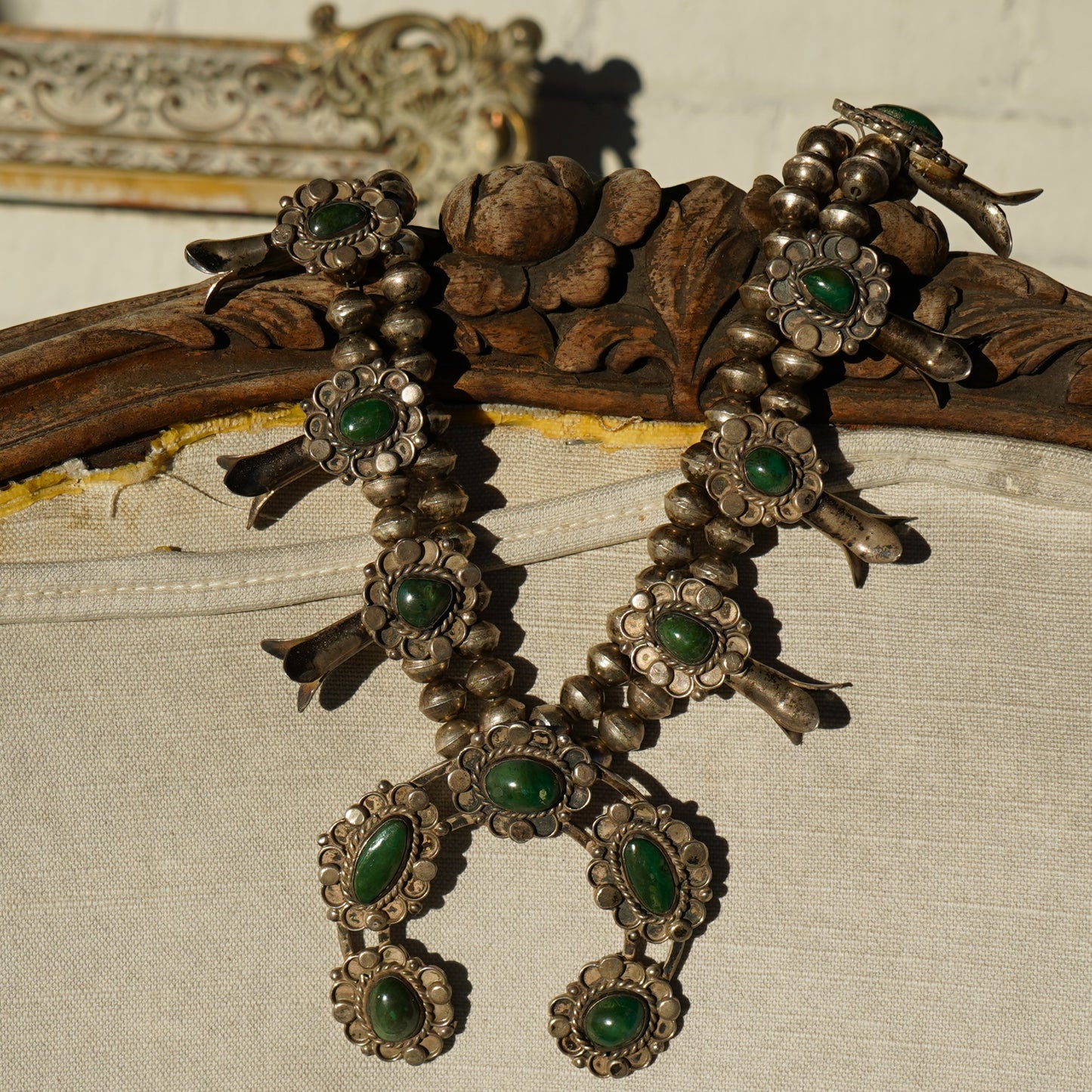 Vintage Navajo Squash Blossom Necklace Green Turquoise Sterling Silver