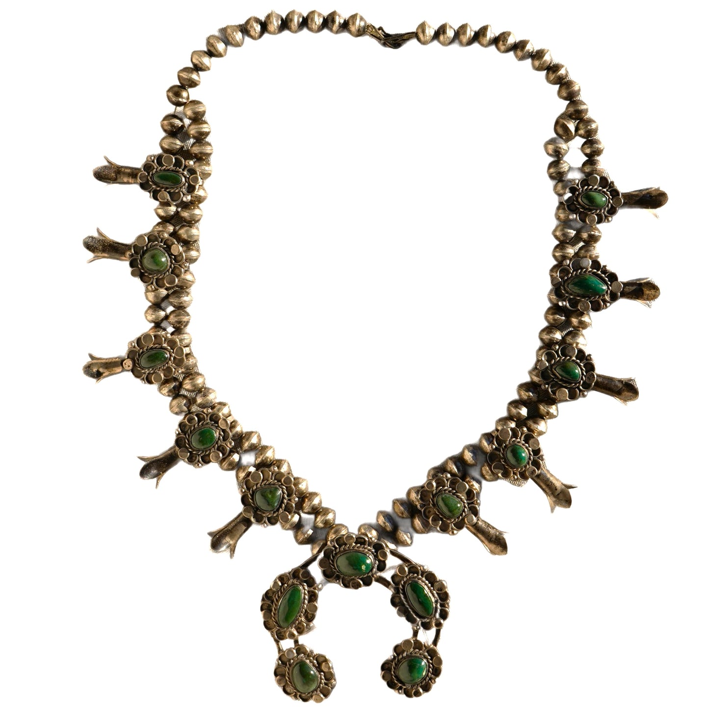 Vintage Navajo Squash Blossom Necklace Green Turquoise Sterling Silver