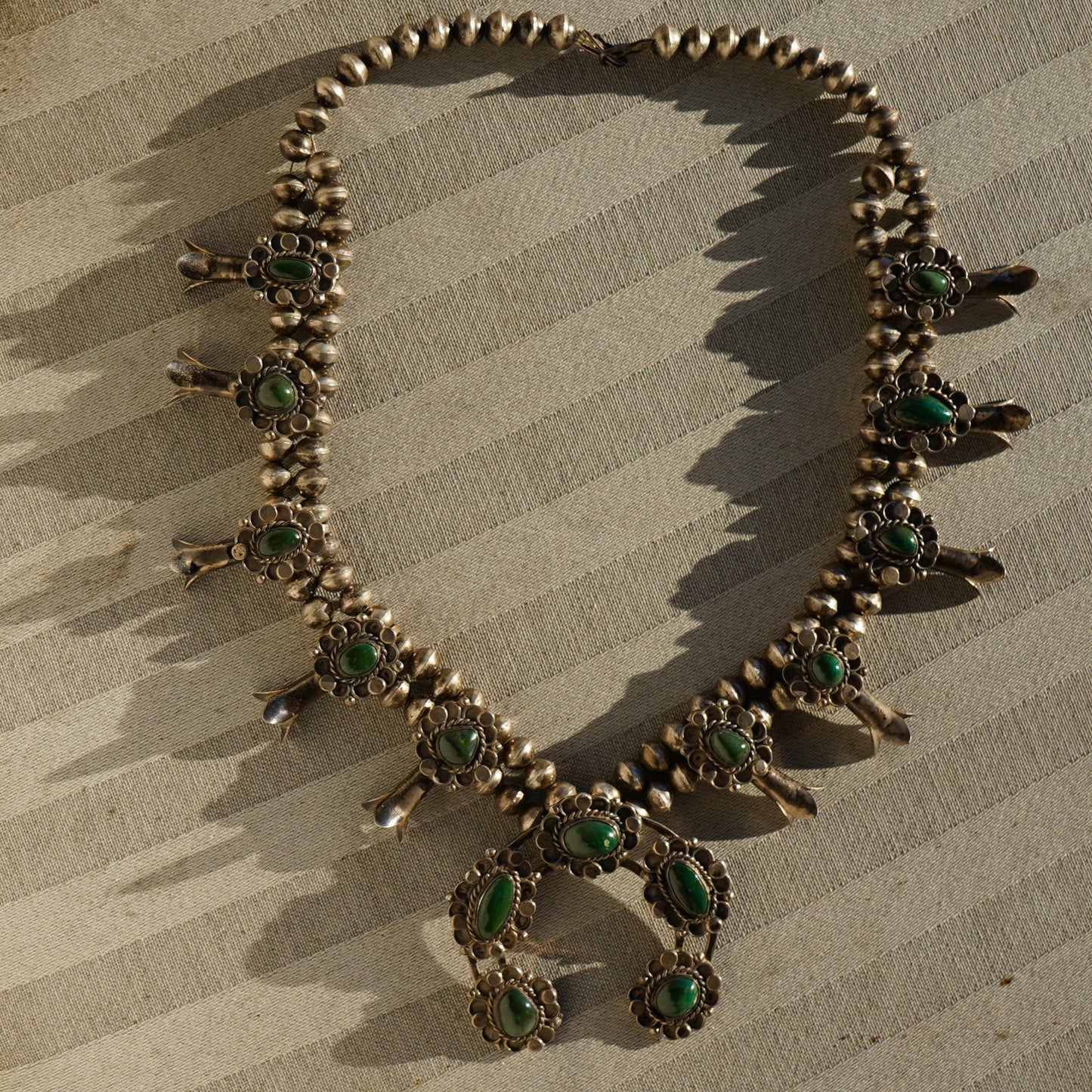 Vintage Navajo Squash Blossom Necklace Green Turquoise Sterling Silver