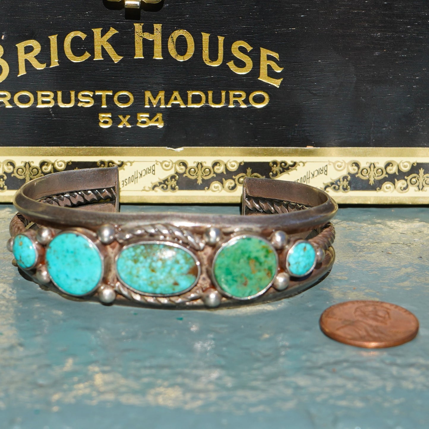 Vintage Navajo Nevada Turquoise Five Stone Bracelet