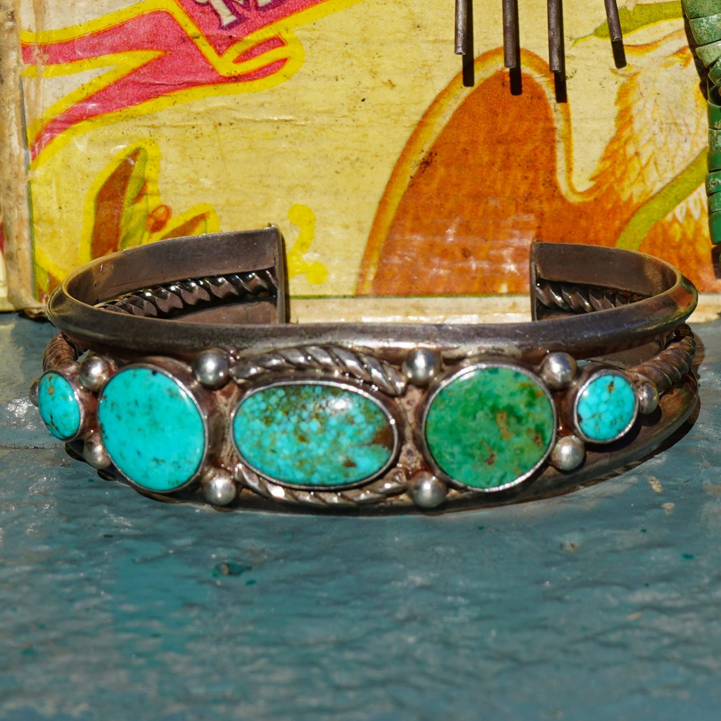 Vintage Navajo Nevada Turquoise Five Stone Bracelet