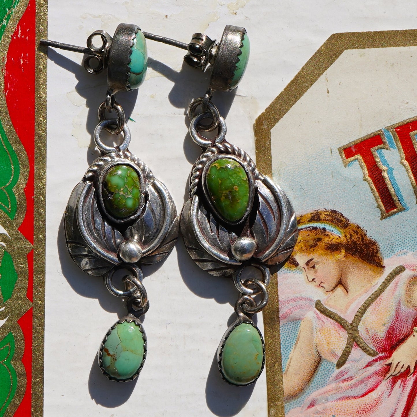 Leaf Design Green Turquoise Earrings Sterling Silver