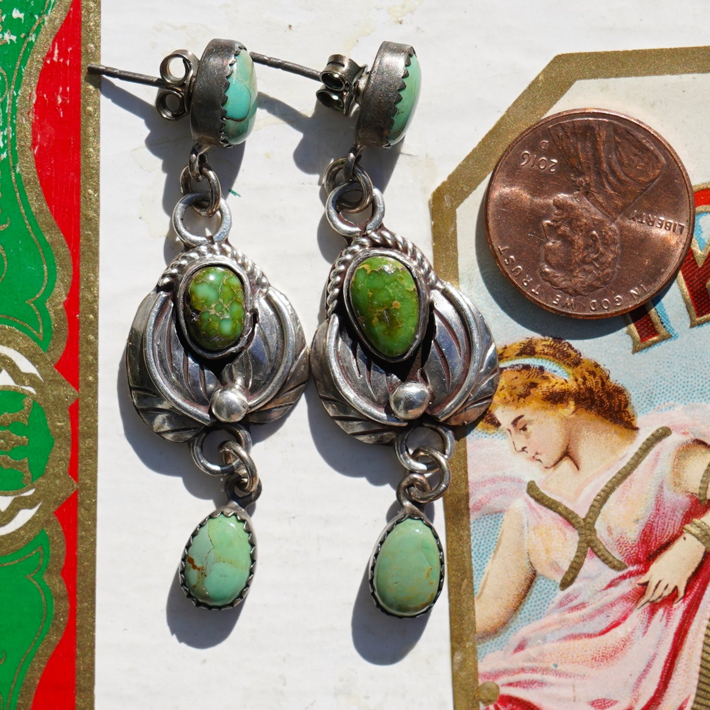 Leaf Design Green Turquoise Earrings Sterling Silver