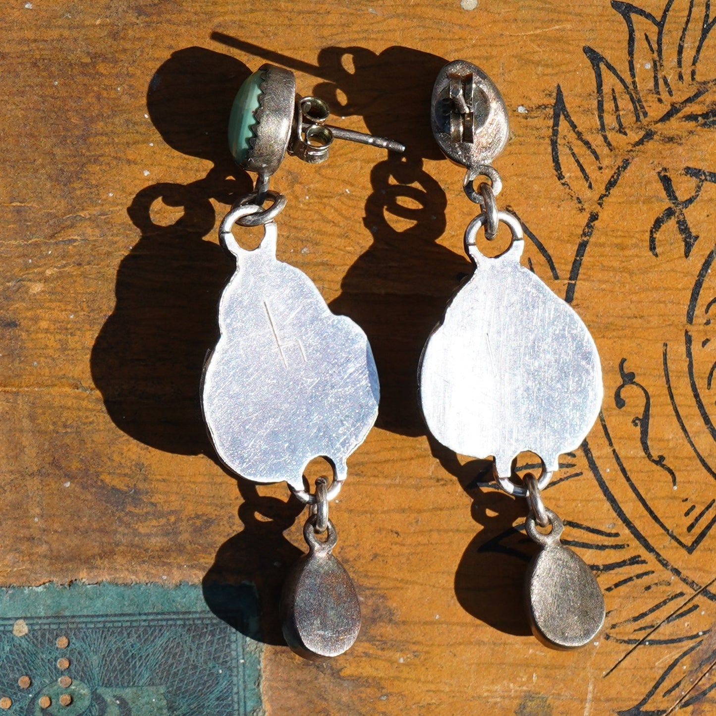 Leaf Design Green Turquoise Earrings Sterling Silver