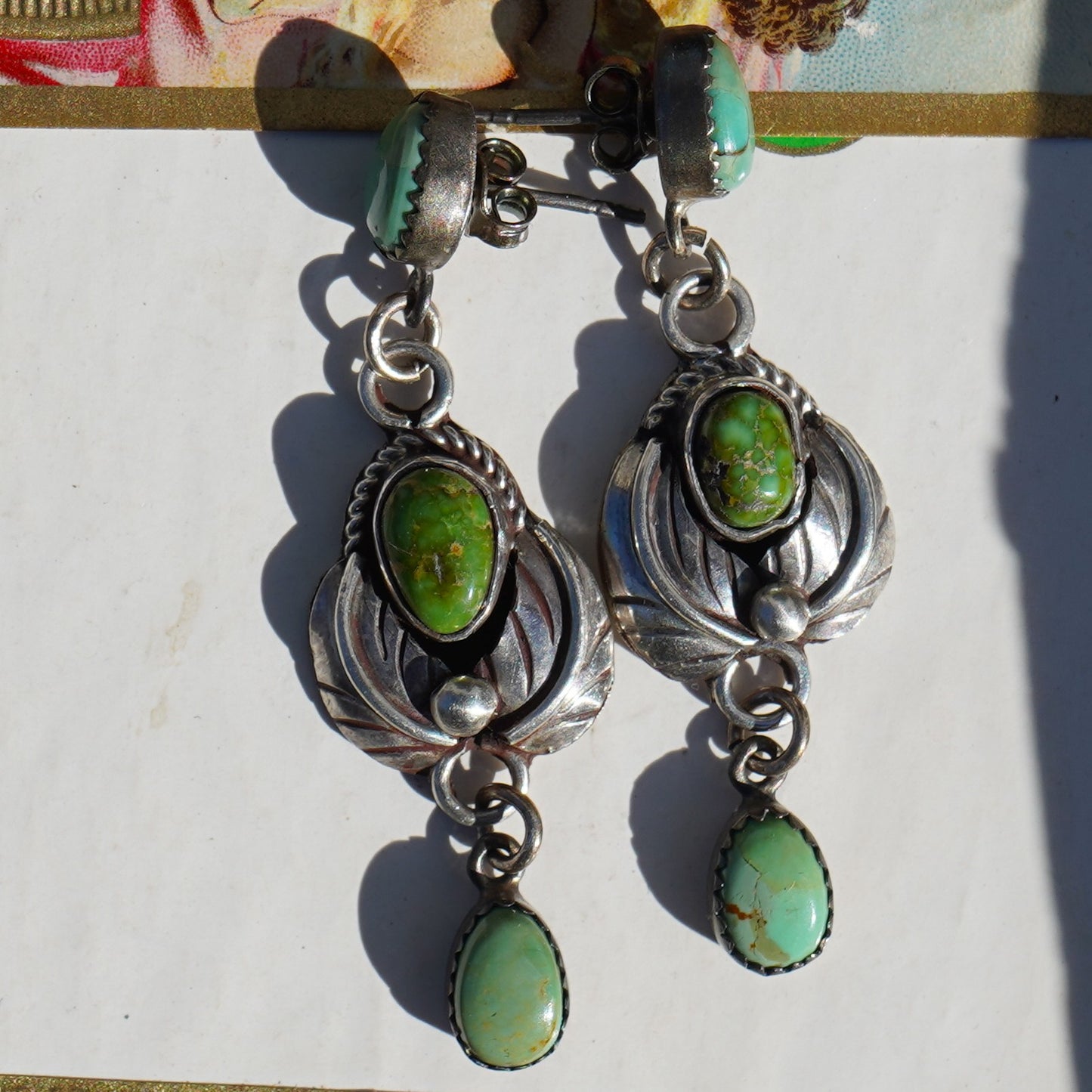 Leaf Design Green Turquoise Earrings Sterling Silver
