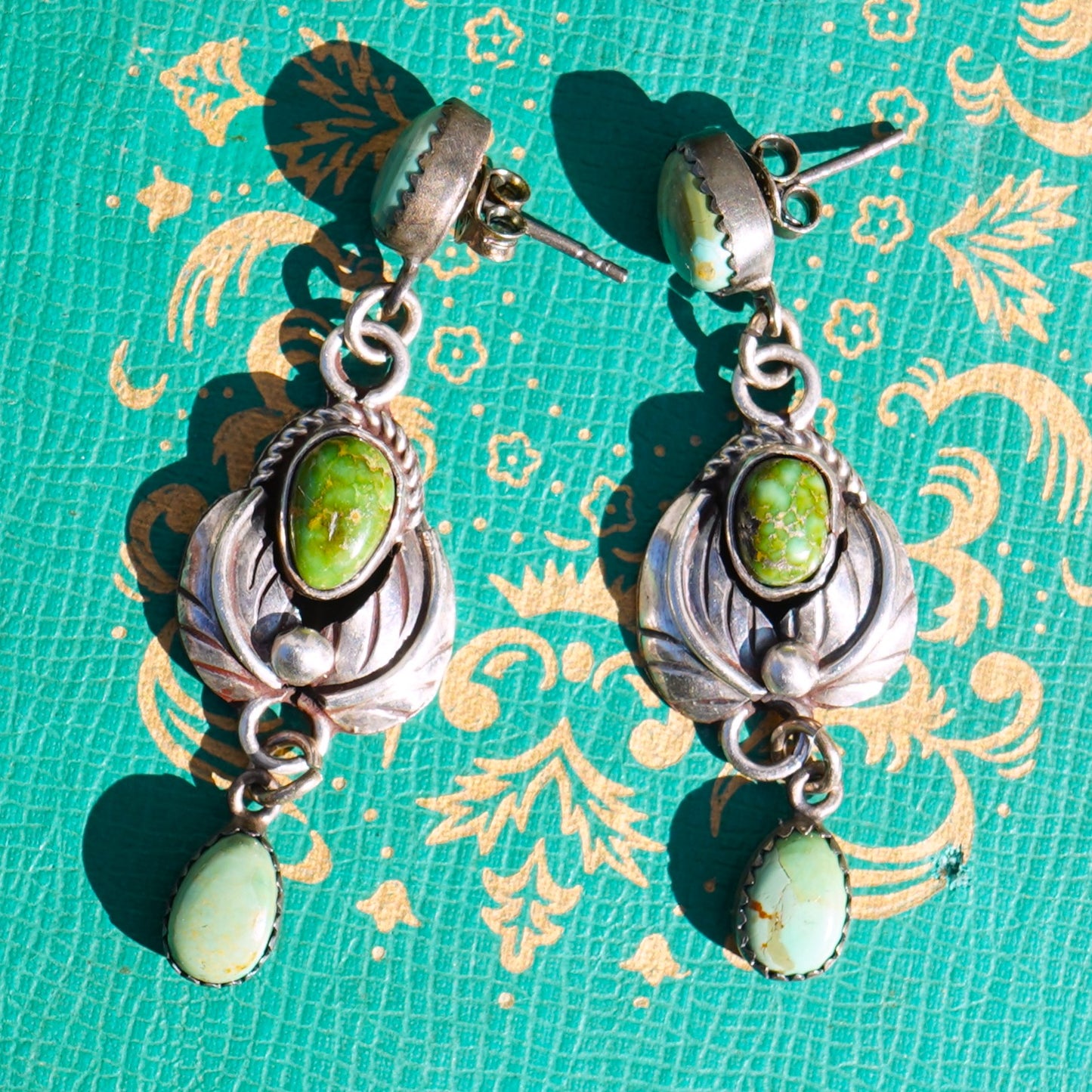 Leaf Design Green Turquoise Earrings Sterling Silver
