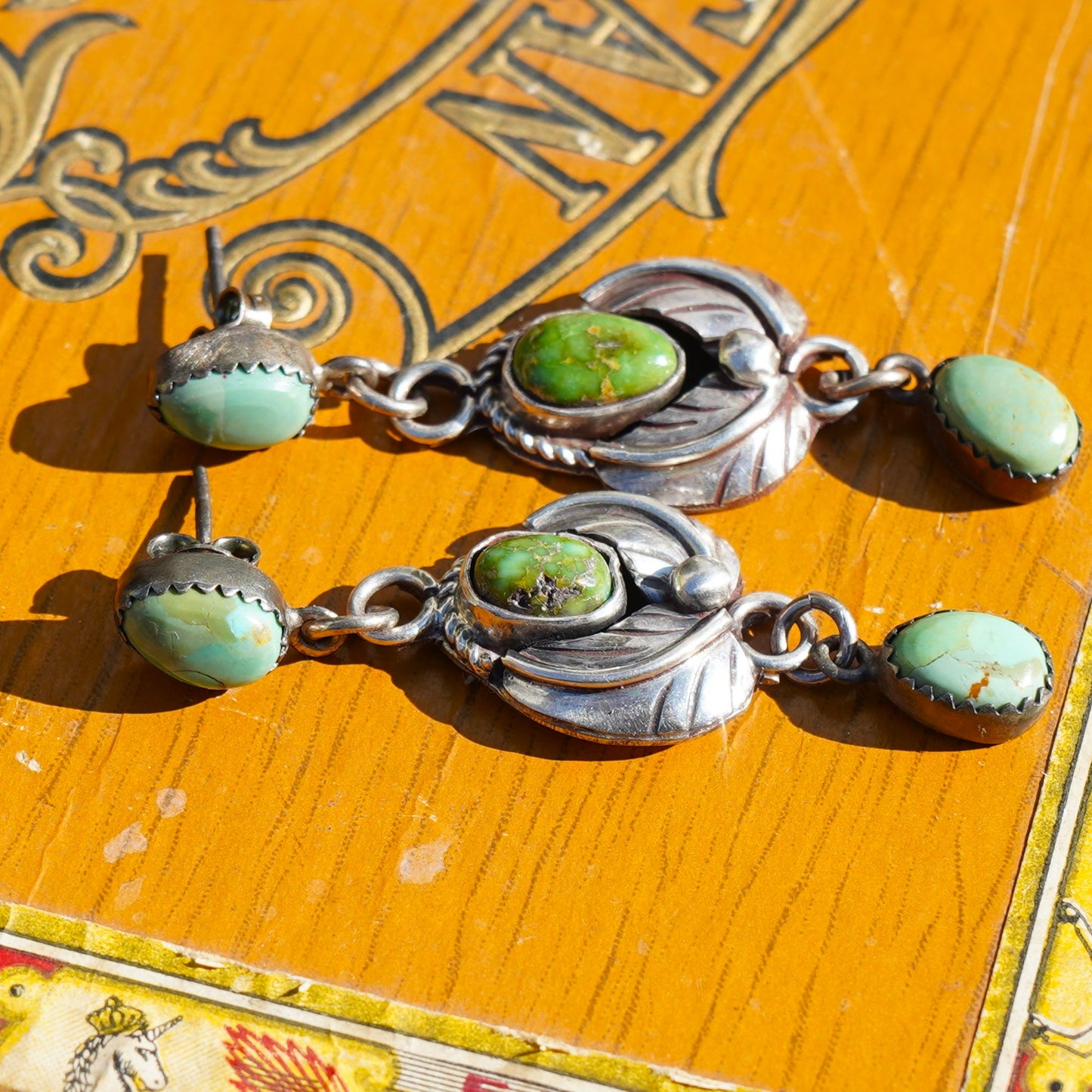 Leaf Design Green Turquoise Earrings Sterling Silver