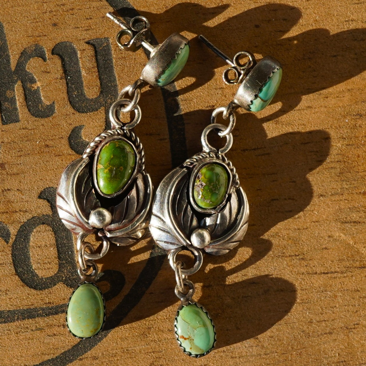Leaf Design Green Turquoise Earrings Sterling Silver