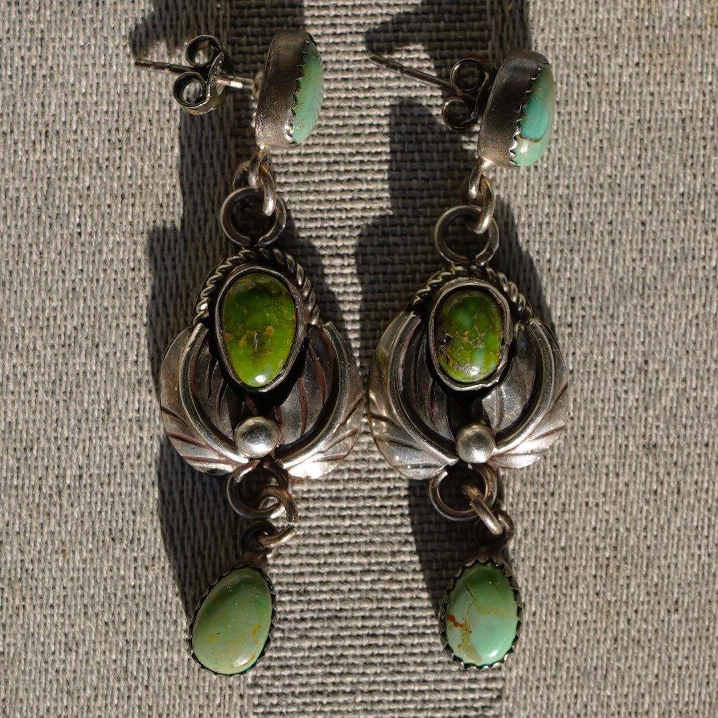 Leaf Design Green Turquoise Earrings Sterling Silver