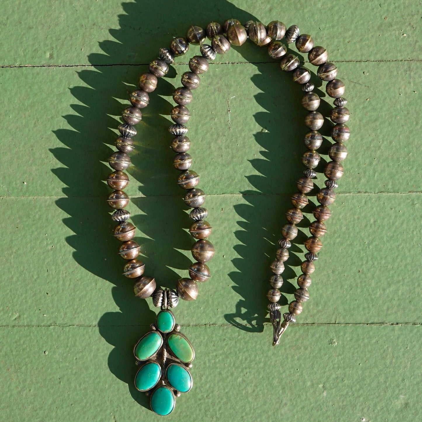 Vintage Turquoise Pendant Necklace With Bench Made Sterling Beads