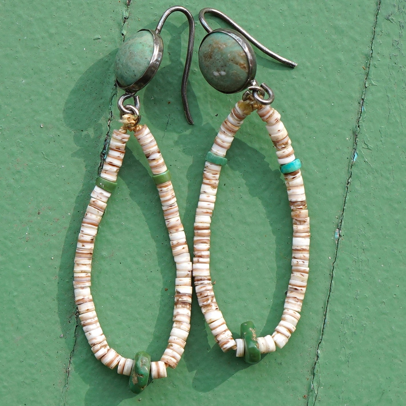 Shell Heishi Earring With Green Turquoise And Sterling Wire