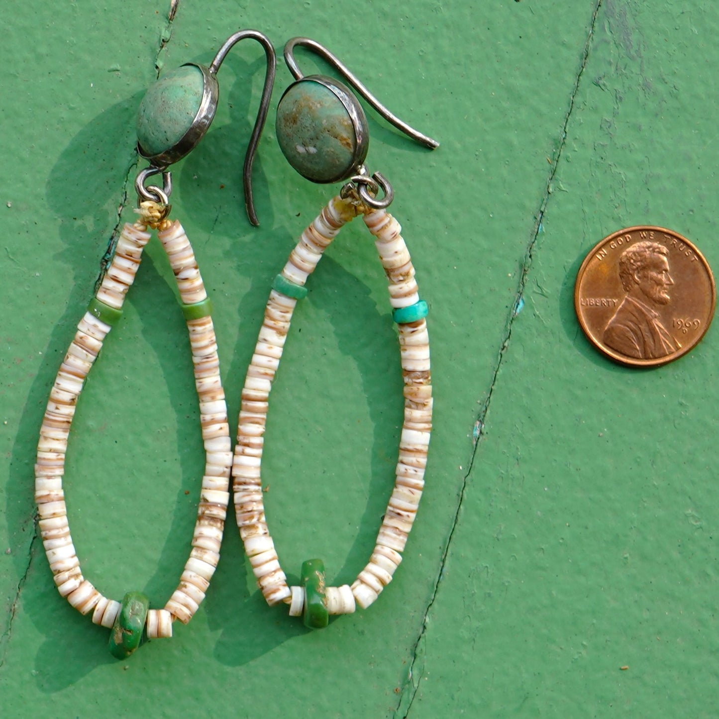 Shell Heishi Earring With Green Turquoise And Sterling Wire