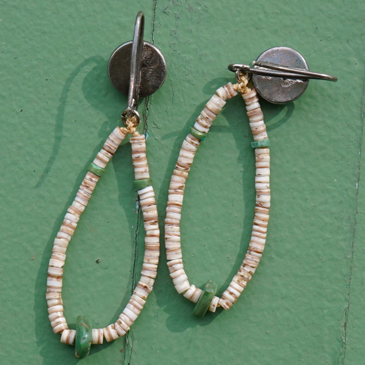 Shell Heishi Earring With Green Turquoise And Sterling Wire
