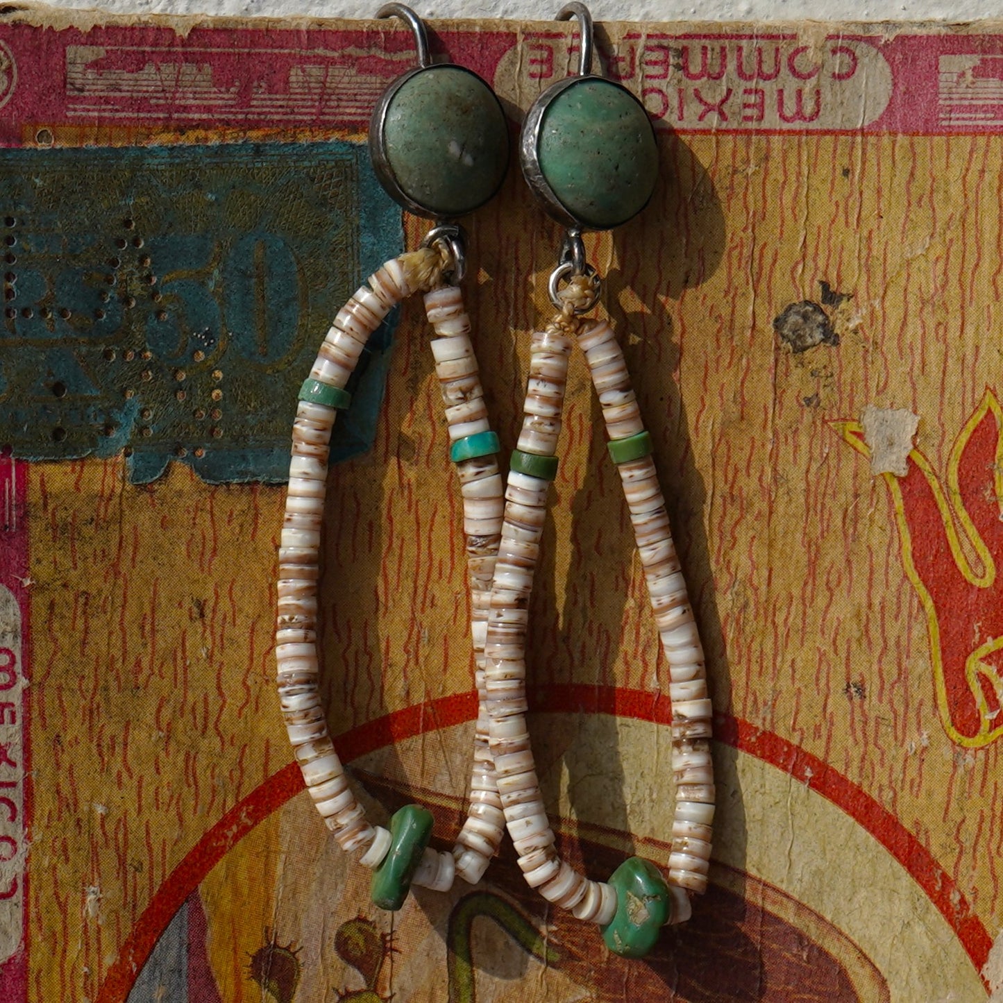 Shell Heishi Earring With Green Turquoise And Sterling Wire