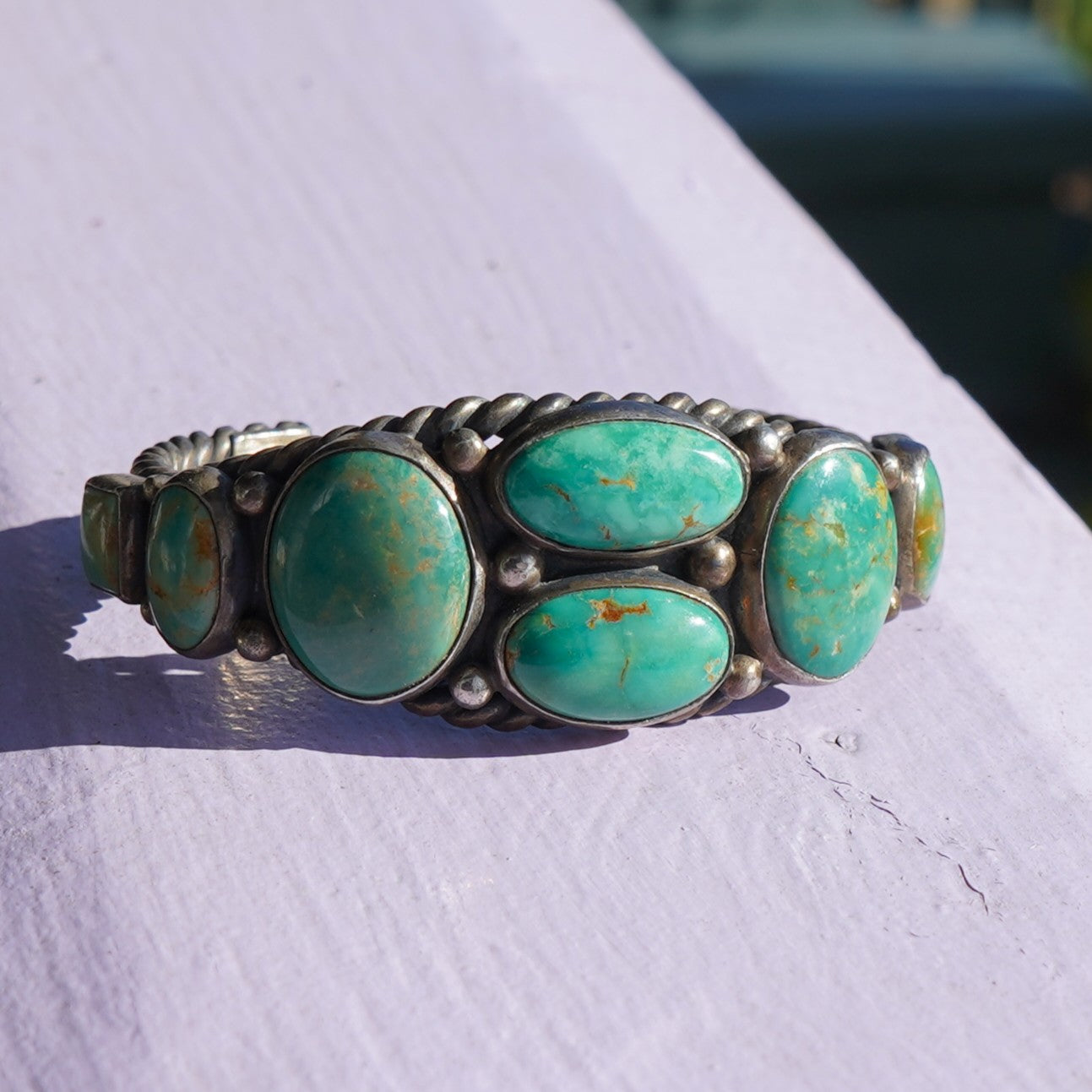 Vintage Navajo Signed Sterling Turquoise Cuff Bracelet