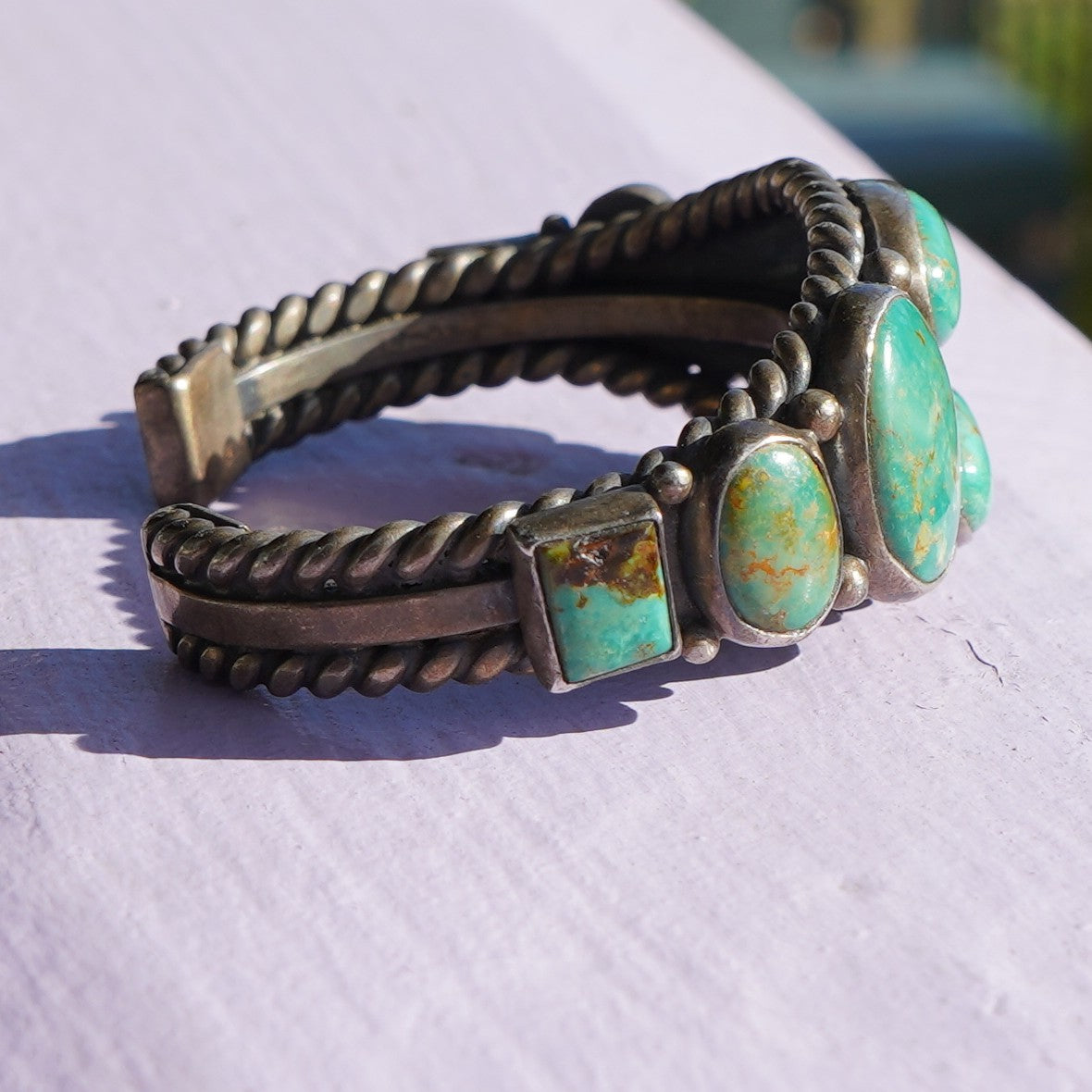 Vintage Navajo Signed Sterling Turquoise Cuff Bracelet