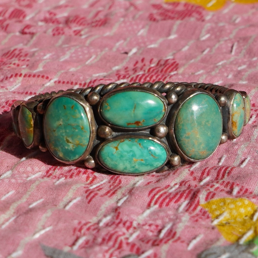 Vintage Navajo Signed Sterling Turquoise Cuff Bracelet