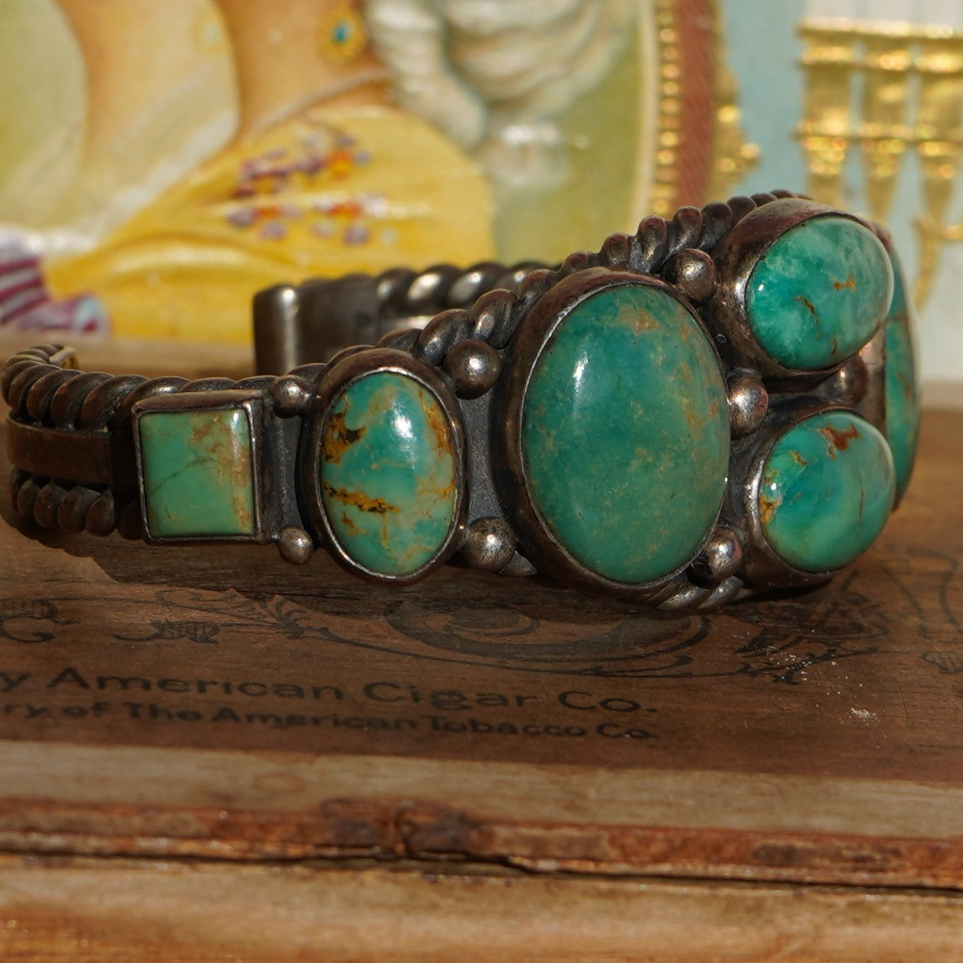 Vintage Navajo Signed Sterling Turquoise Cuff Bracelet