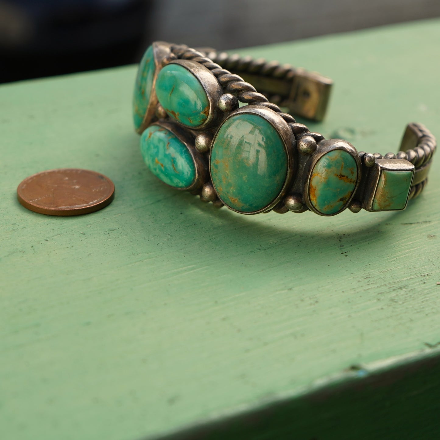 Vintage Navajo Signed Sterling Turquoise Cuff Bracelet