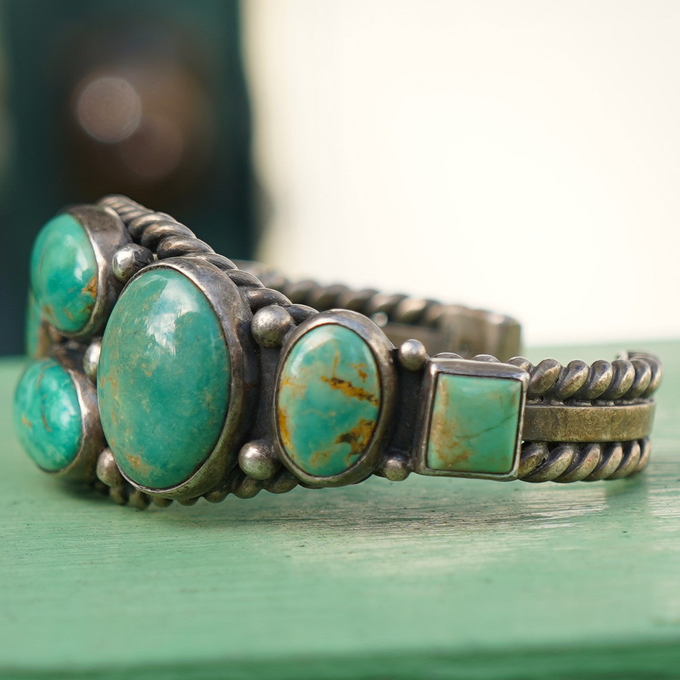 Vintage Navajo Signed Sterling Turquoise Cuff Bracelet