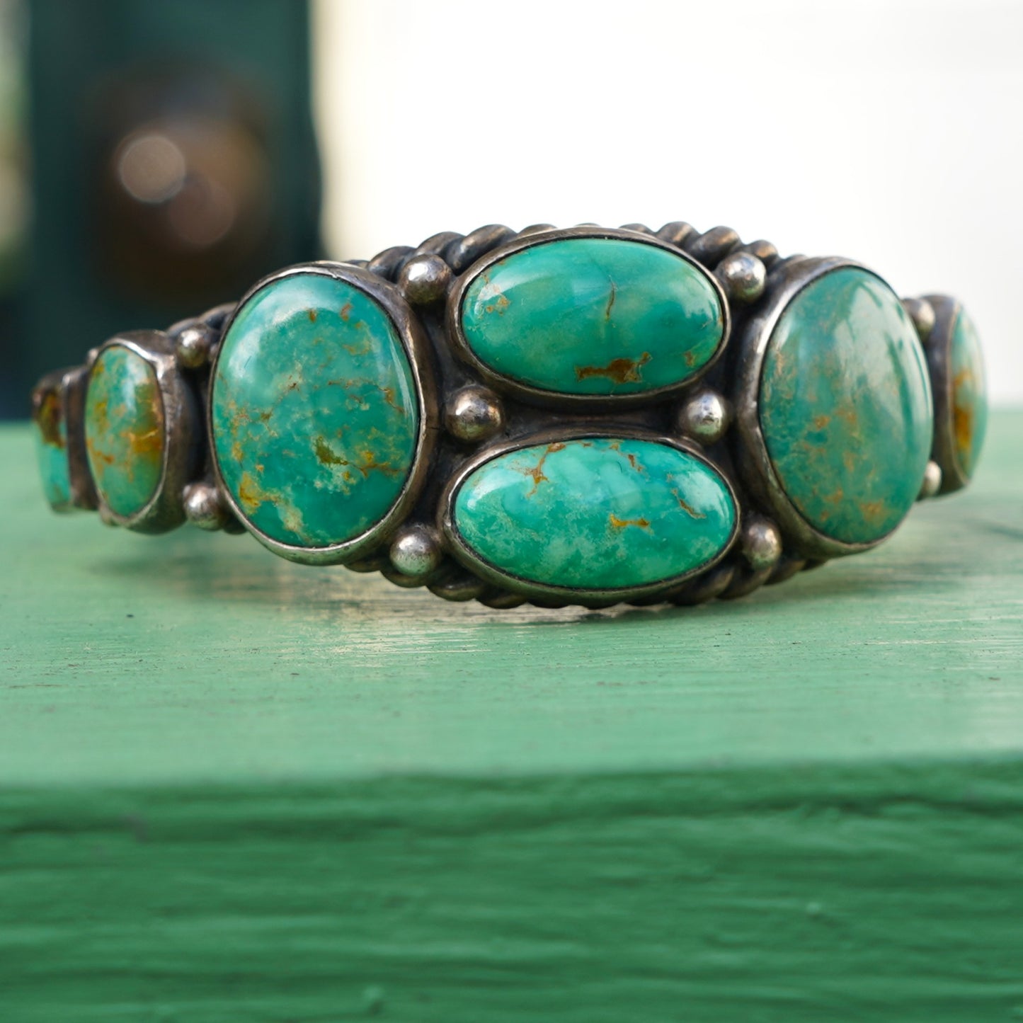 Vintage Navajo Signed Sterling Turquoise Cuff Bracelet