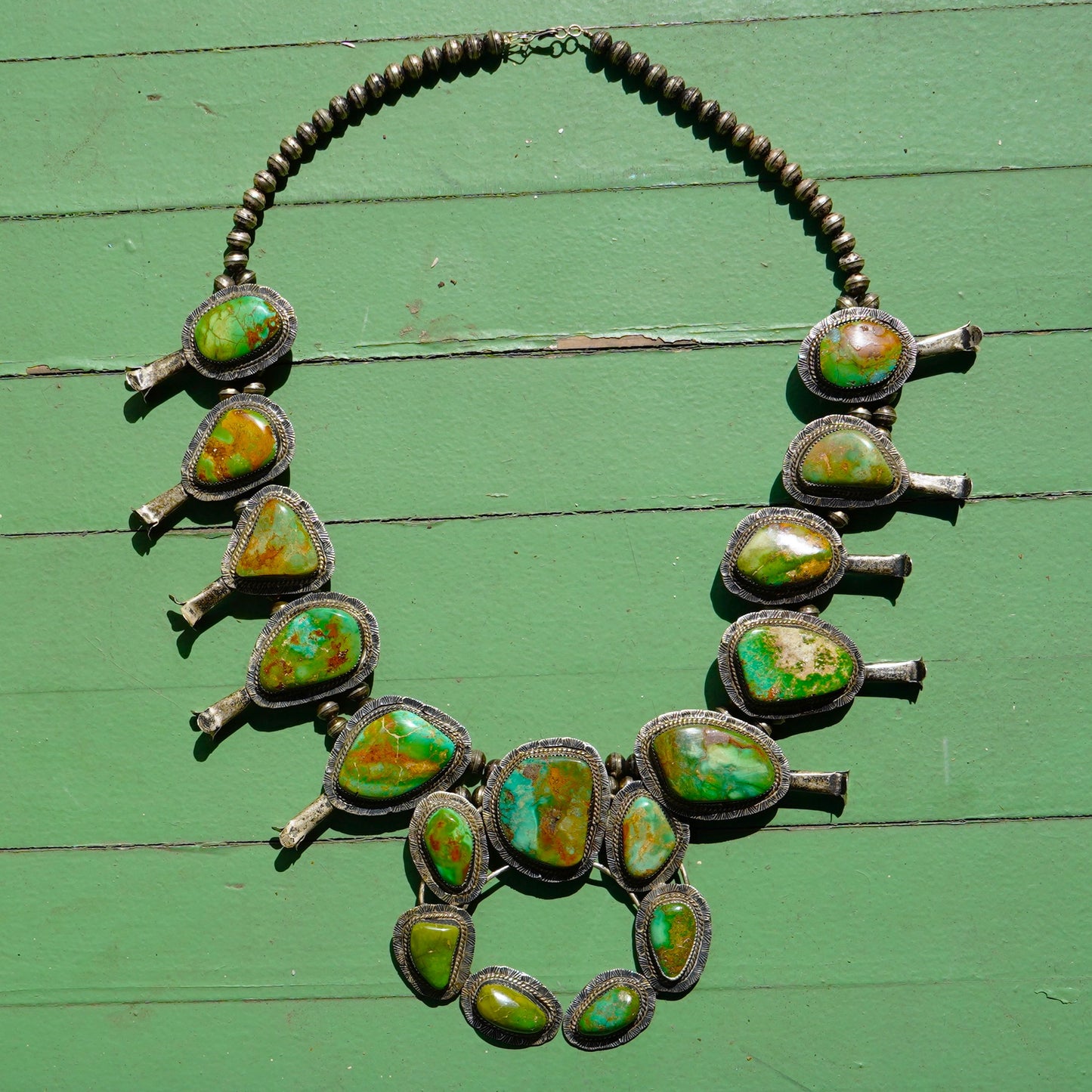 Vintage Royston Turquoise Large Squash Blossom Necklace Sterling