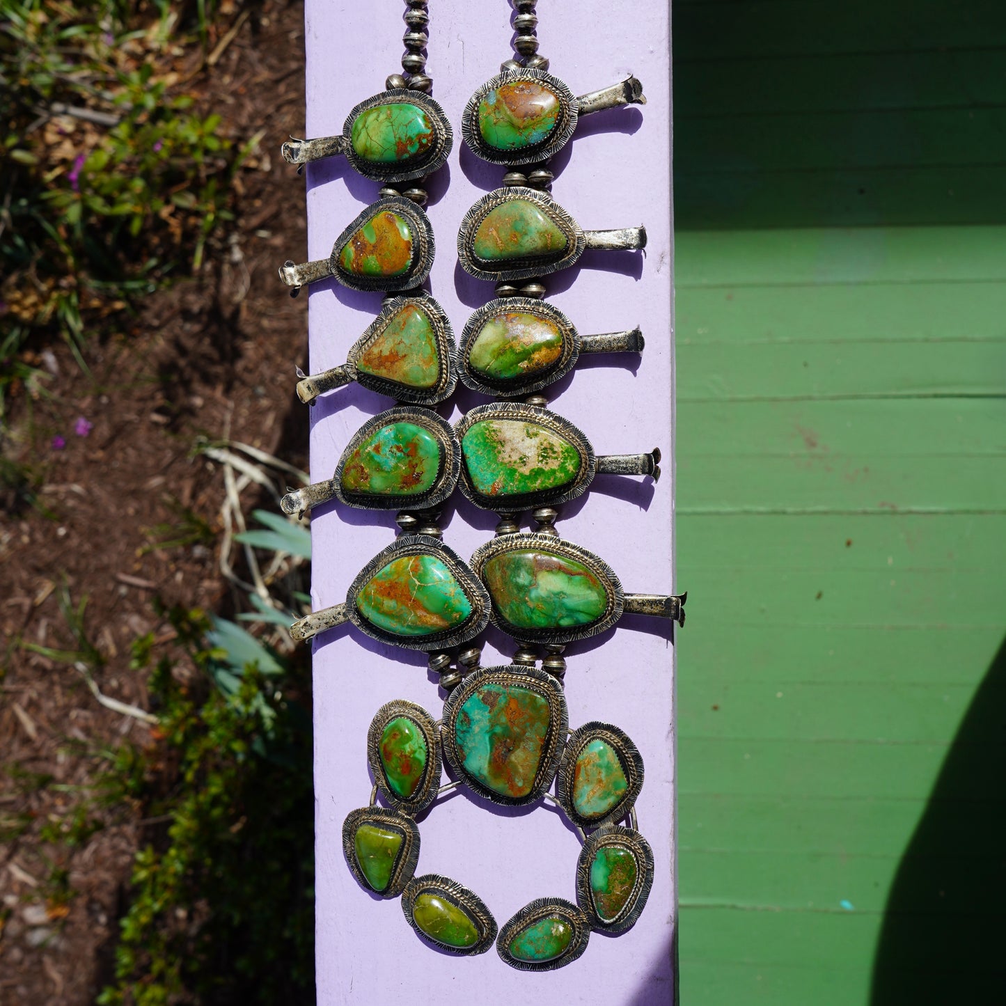 Vintage Royston Turquoise Large Squash Blossom Necklace Sterling