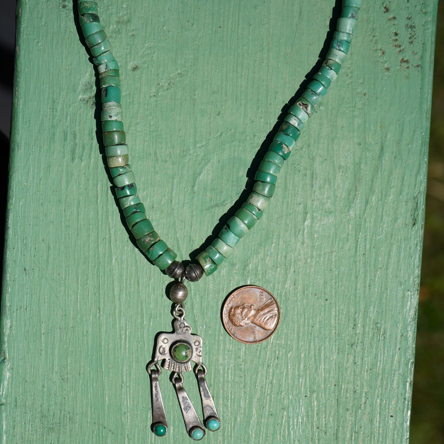 Cerrillos Turquoise Heishi Thunderbird Pendant Necklace