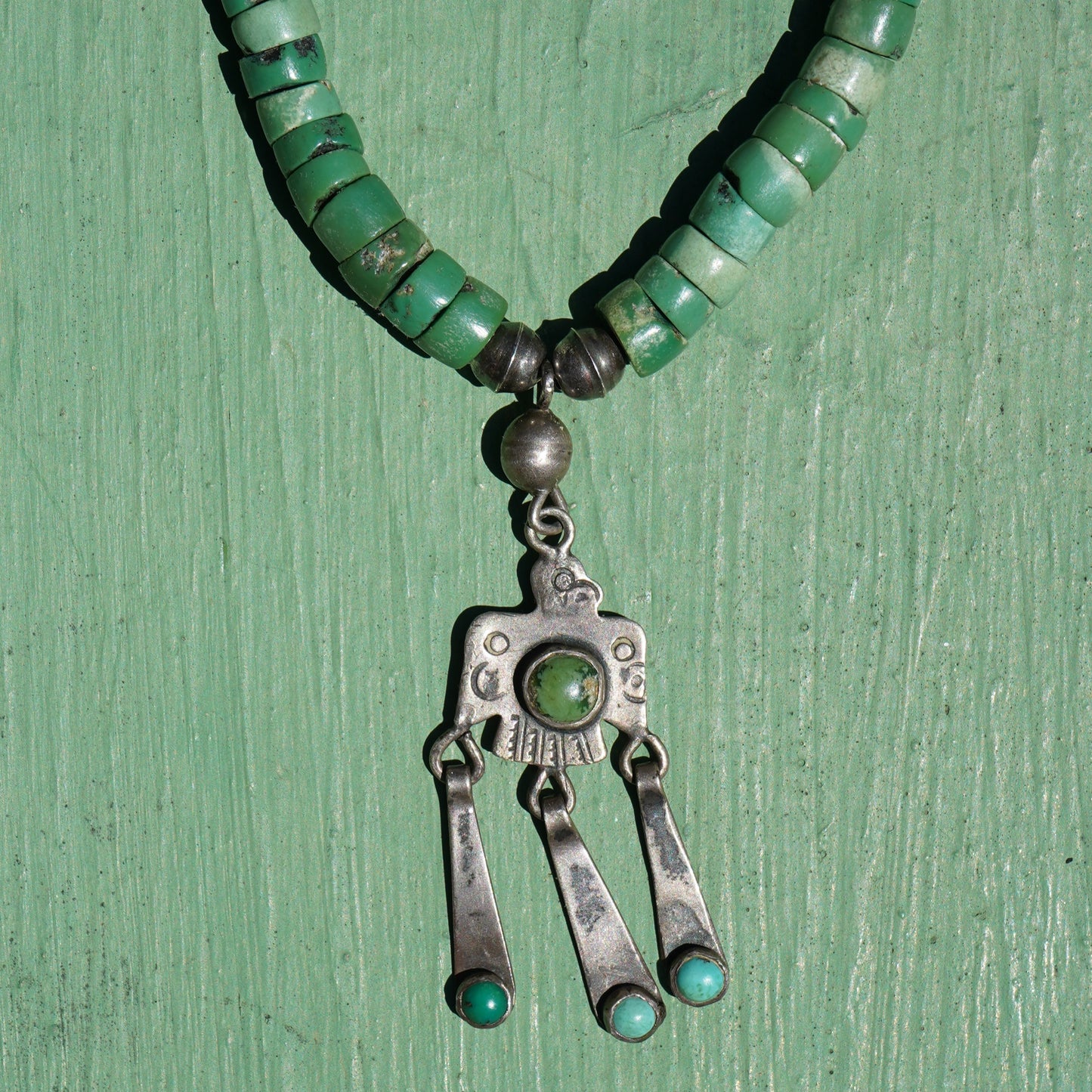 Cerrillos Turquoise Heishi Thunderbird Pendant Necklace