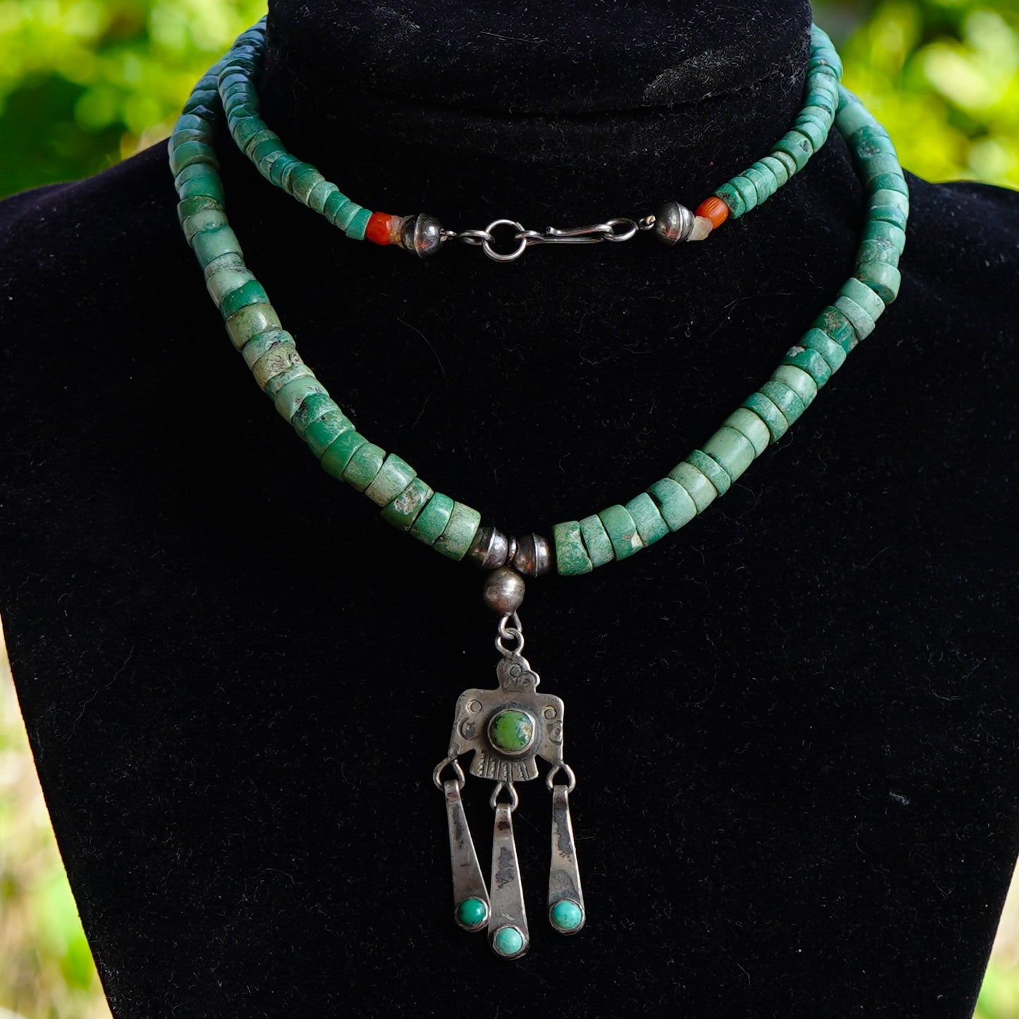 Cerrillos Turquoise Heishi Thunderbird Pendant Necklace