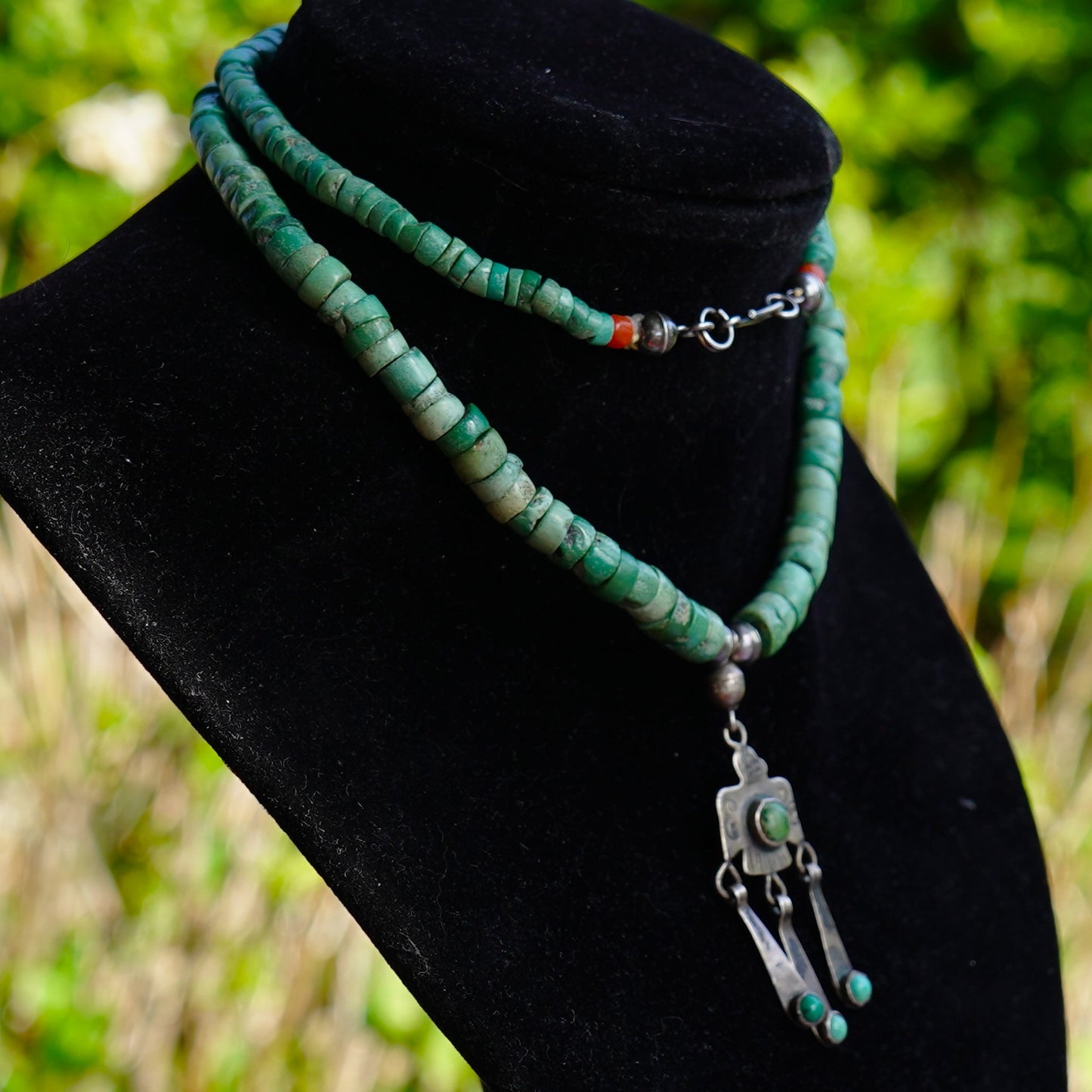 Cerrillos Turquoise Heishi Thunderbird Pendant Necklace