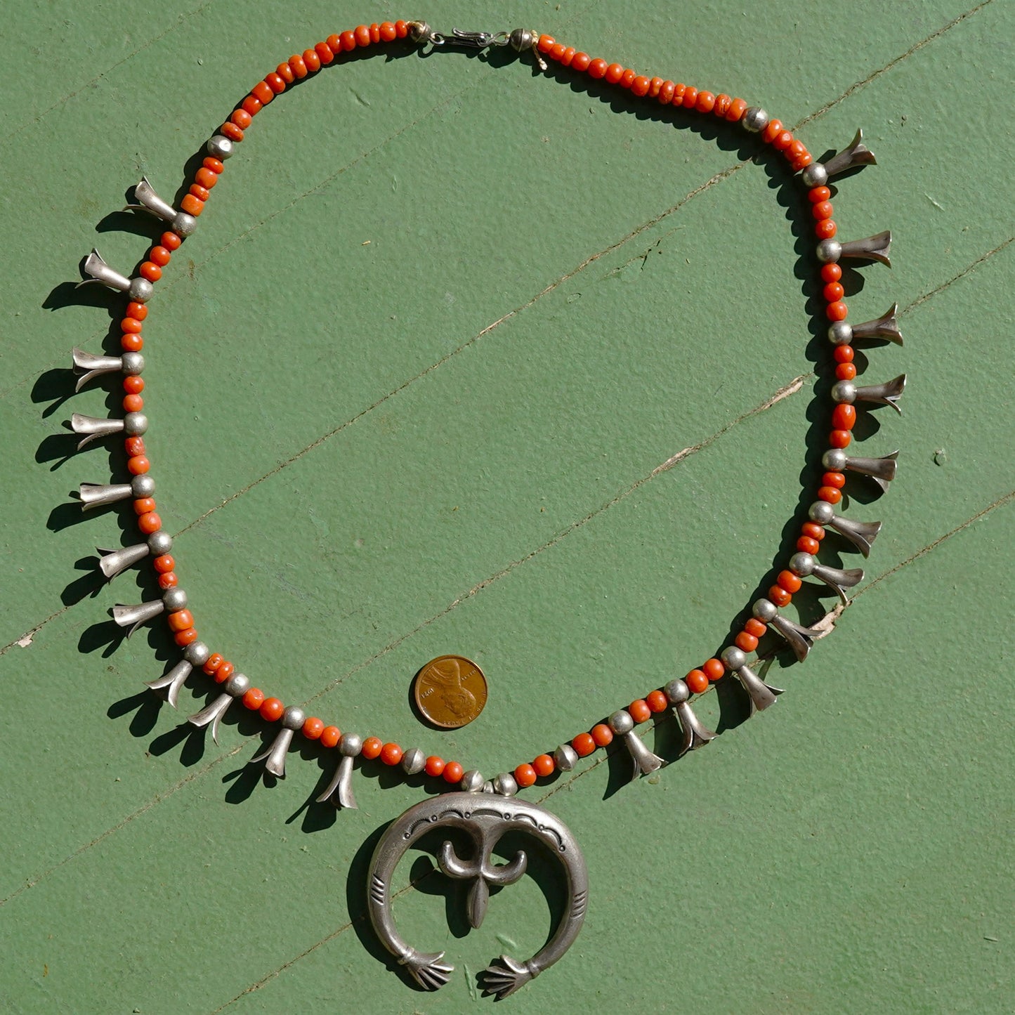 Hands of Fatima Coral Squash Blossom Necklace