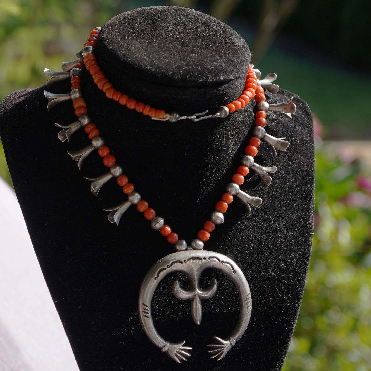 Hands of Fatima Coral Squash Blossom Necklace