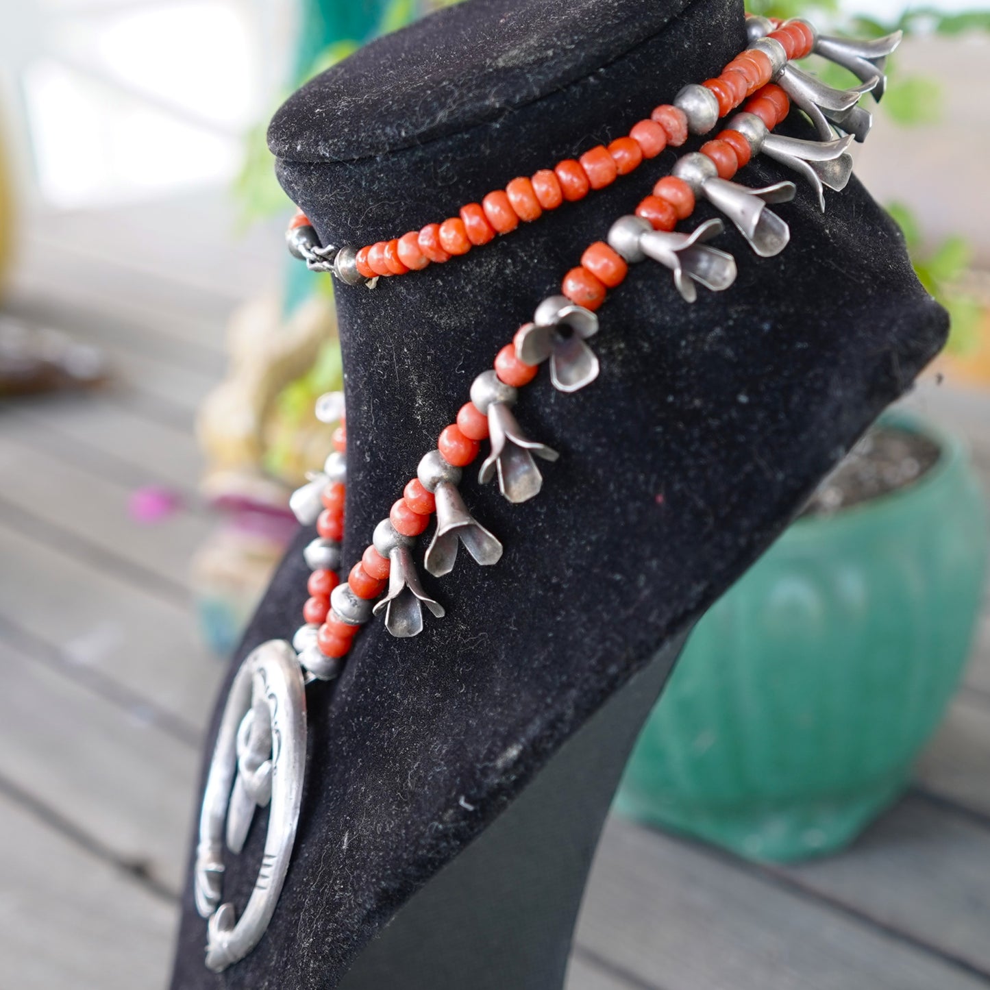 Hands of Fatima Coral Squash Blossom Necklace
