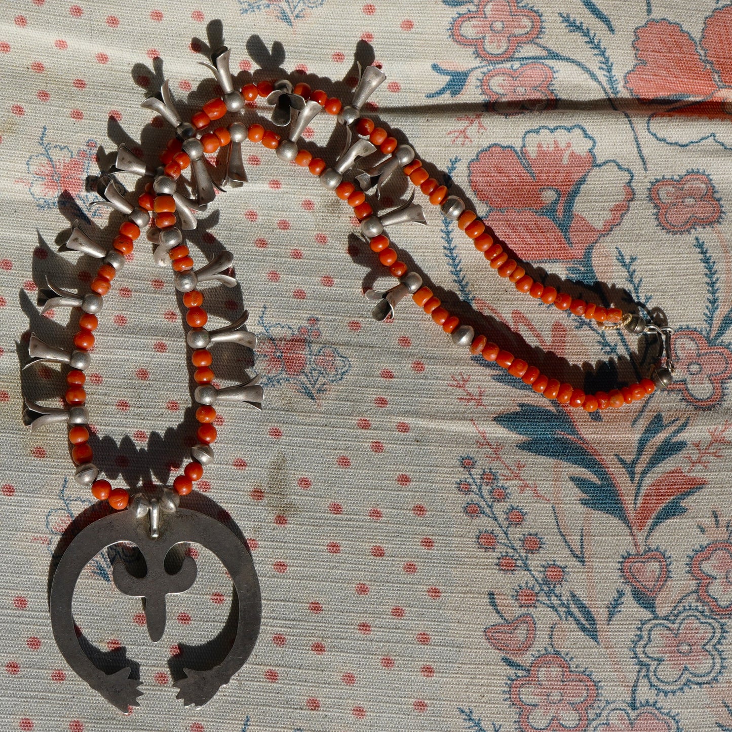 Hands of Fatima Coral Squash Blossom Necklace