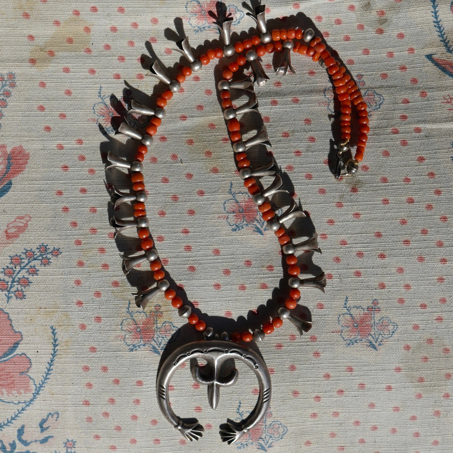Hands of Fatima Coral Squash Blossom Necklace