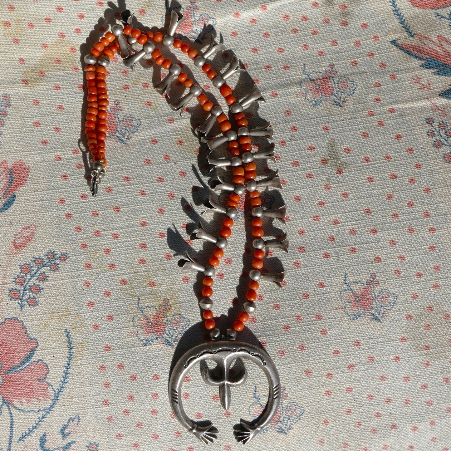 Hands of Fatima Coral Squash Blossom Necklace