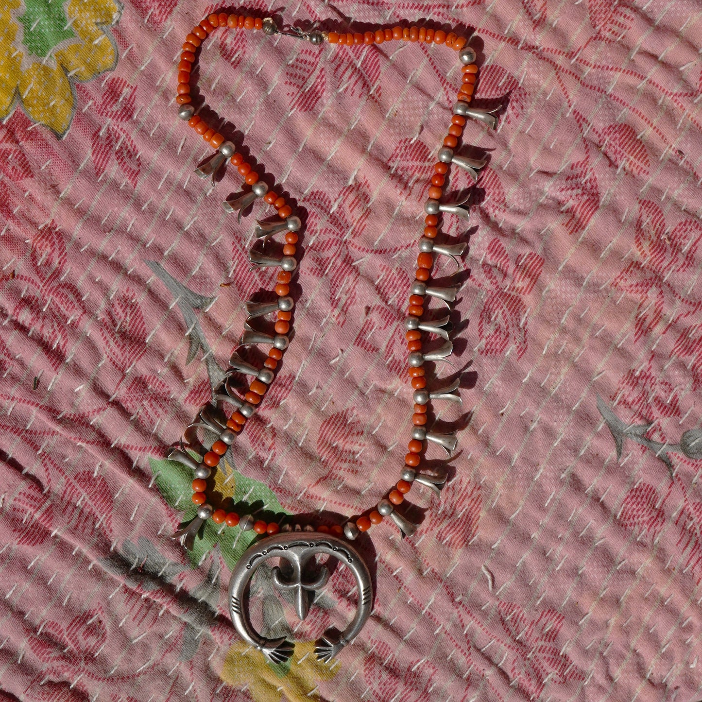 Hands of Fatima Coral Squash Blossom Necklace