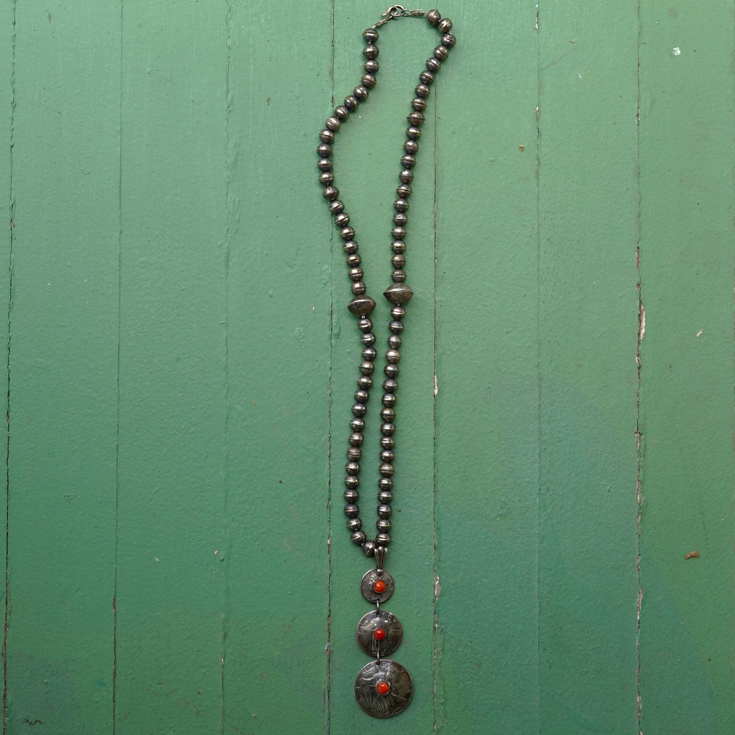 Old Coin Pendant Necklace With Coral And Sterling Silver Bench Made Beads