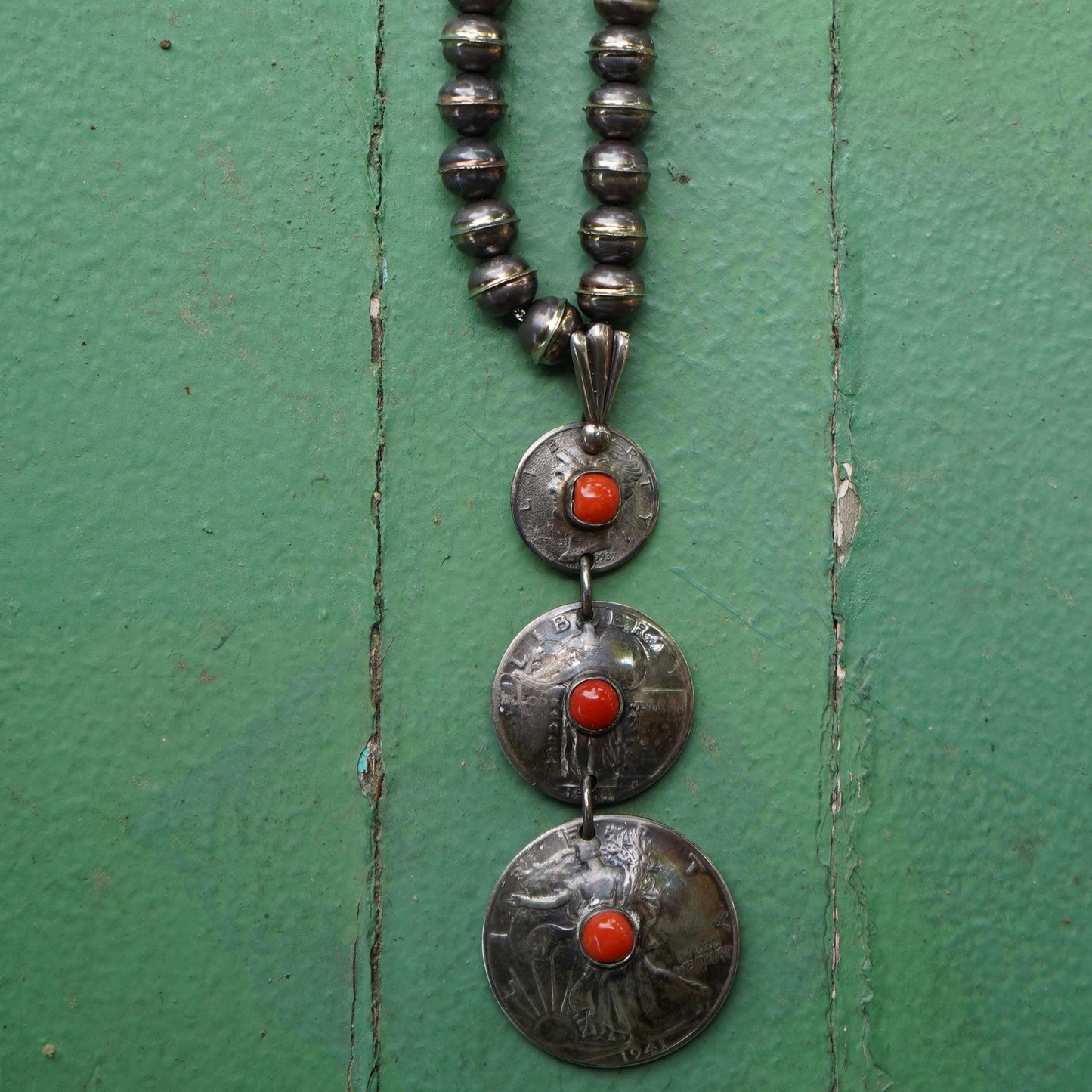 Old Coin Pendant Necklace With Coral And Sterling Silver Bench Made Beads