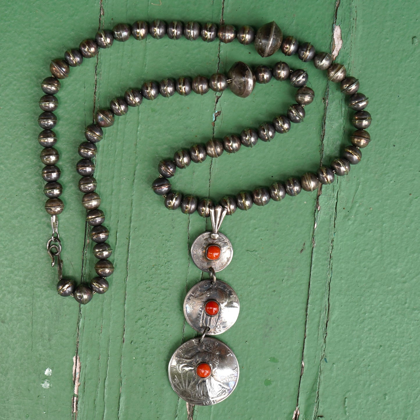 Old Coin Pendant Necklace With Coral And Sterling Silver Bench Made Beads