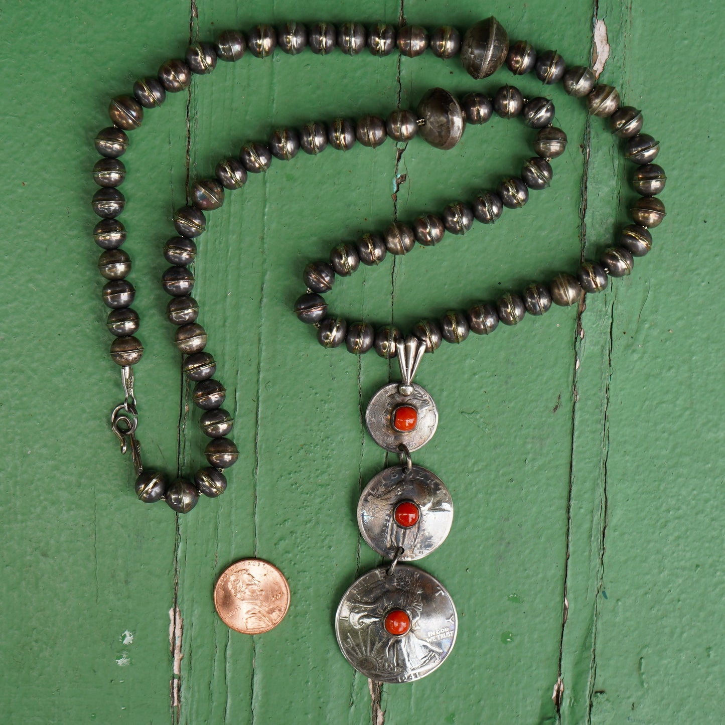 Old Coin Pendant Necklace With Coral And Sterling Silver Bench Made Beads