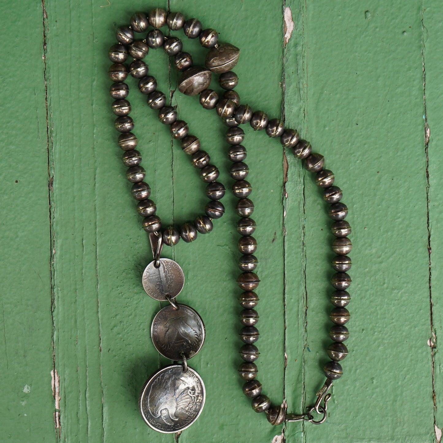 Old Coin Pendant Necklace With Coral And Sterling Silver Bench Made Beads